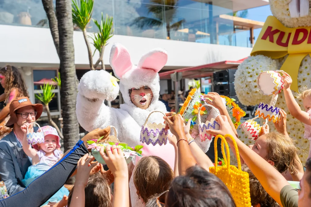 Meet Mr. Bunny at KU DE TA and join the Easter egg hunt activities, part of a fun filled family celebration by the beach.